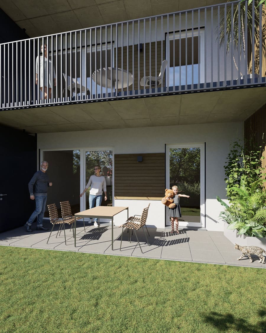 Terrasse einer Erdgeschoßwohnung mit Eigengarten
