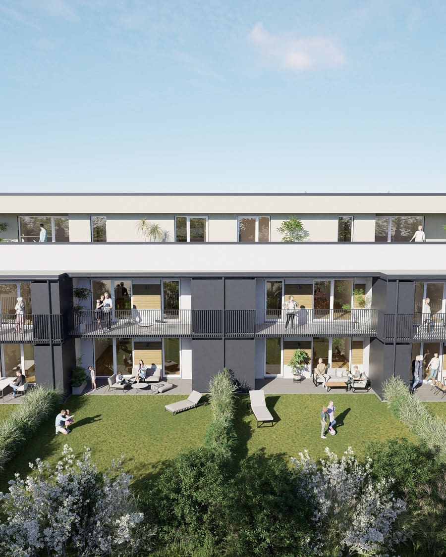 Südseite der Wohnanlage Gnies mit Terrassen und Gärten